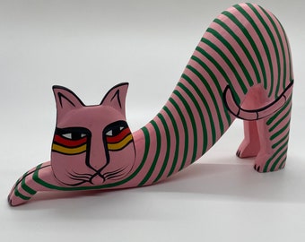 Vintage Hand Painted Carved Cat Figurine-Pink-Cat Collector-Valentine Gift-Laurel Burch