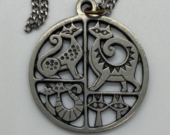 Vintage Pewter Cat Necklace-Sweden-Mid Century Medallion Charm