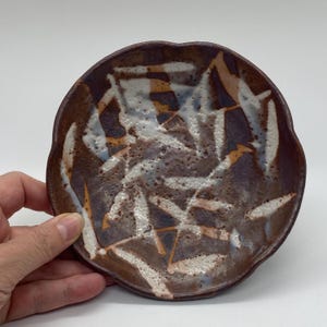 Vintage Handmade Bowl-Ceramic-Mid Century Pottery-Brown & Orange Abstract Bamboo Pattern-Japanese Stoneware
