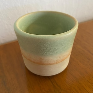 Vintage Handmade Tea Cup-Ceramic-Mid Century Pottery-Green & Pale Orange-Japanese Stoneware