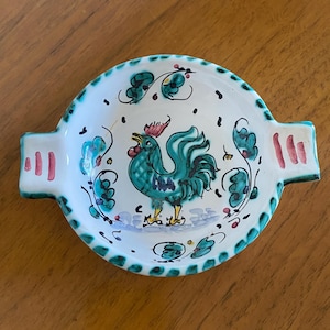 Vintage handbemalte grüner Hahn Aschenbecher / Schmuckstück Teller-Keramik-Deruta Italien
