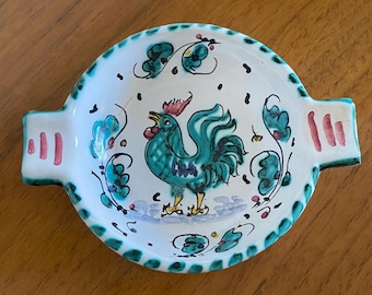 Vintage Hand Painted Green Rooster Ashtray/Trinket Dish-Ceramic-Deruta Italy