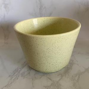 May include: A pale yellow bowl with a speckled pattern featuring small dark dots across the entire exterior and interior surface. The bowl has a wide, open top that tapers down to a smaller, rounded base, creating a simple, functional shape.