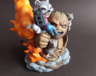 Rocket et Groot Chibi figurine en résine peinte à la main des gardiens de la galaxie, figurine décorative personnalisée à collectionner, jolie miniature faite main