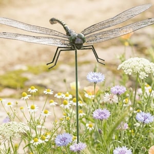 Puede incluir: Una estaca de jardín de metal con forma de libélula. La libélula es de color verde oscuro con alas detalladas, montada sobre una estaca verde. La estaca está colocada en un jardín con flores coloridas, incluyendo margaritas y amapolas.