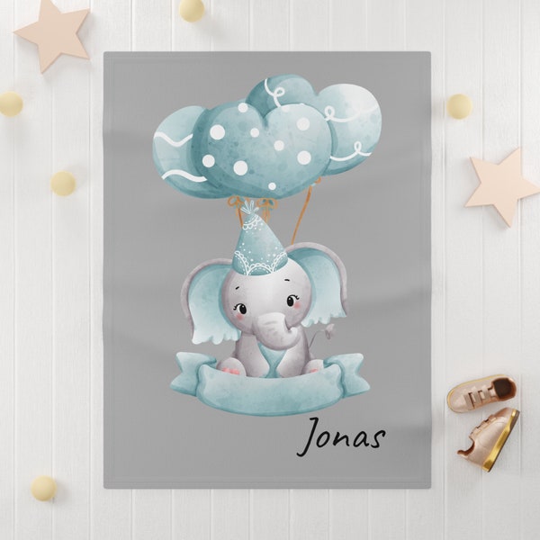Soft Fleece Baby Blanket - gray, turquoise, elephant, balloons