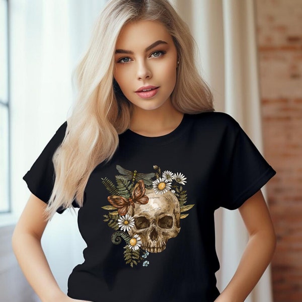 Women's Softstyle Tee Shirt - Skull and Flowers