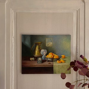 Stillleben in neutralen Farben mit Aprikosen in Öl auf Leinwand gemalt, handgefertigt, Stillleben mit Früchten. Bild 2