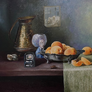 Stillleben in neutralen Farben mit Aprikosen in Öl auf Leinwand gemalt, handgefertigt, Stillleben mit Früchten. Bild 1