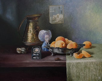 Still life in neutral colors with apricots painted in oil on canvas, handmade, still life with fruit.