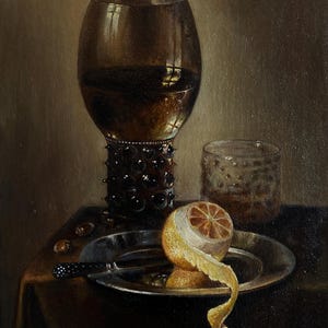 Realismus Öl auf Leinwand - Stillleben mit Glas und Limonen im holländischen Stil - Dark Academia Wandkunst