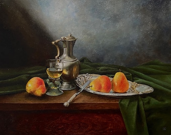 Bodegón en colores oscuros con peras, pintado al óleo sobre lienzo, hecho a mano, bodegón con jarra y fruta