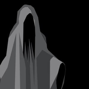 Può includere: Illustrazione digitale di una figura incappucciata in tonalità di grigio su sfondo nero. La figura ha una testa incappucciata e una veste fluente, con un volto scuro e senza lineamenti. L'opera d'arte ha uno stile minimalista e geometrico.
