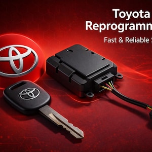 May include: Image showing a Toyota car key and a black electronic module on a red background. The Toyota logo is present. Text reads "Toyota Key Reprogramming" and "Fast & Reliable Service."