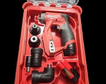 May include: A red Milwaukee FUEL right-angle drill with a black carrying case. The case includes a variety of attachments, including a right-angle attachment, a straight attachment, and a variety of drill bits.