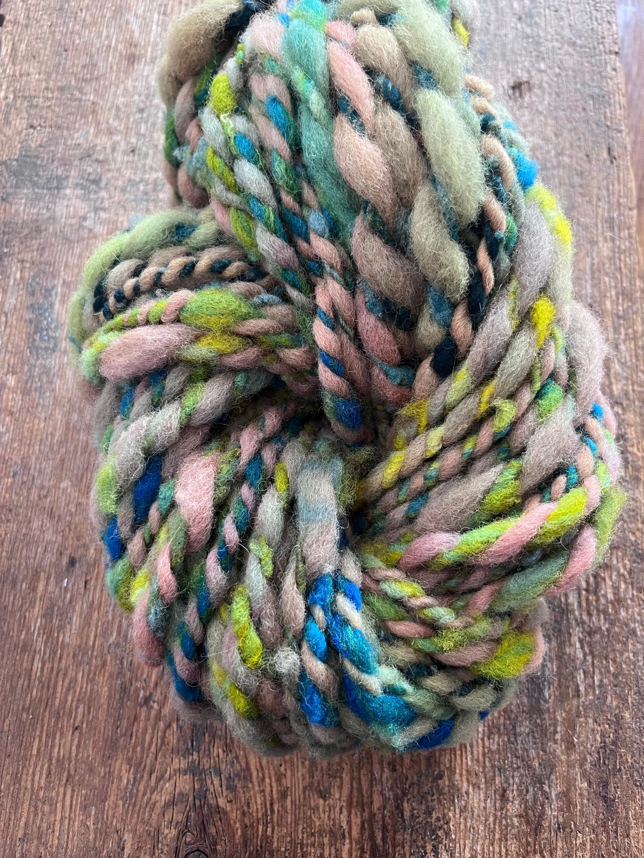 Renewal - jumbo two ply art yarn, teal, green, peach and yellow - Thumbnail 3