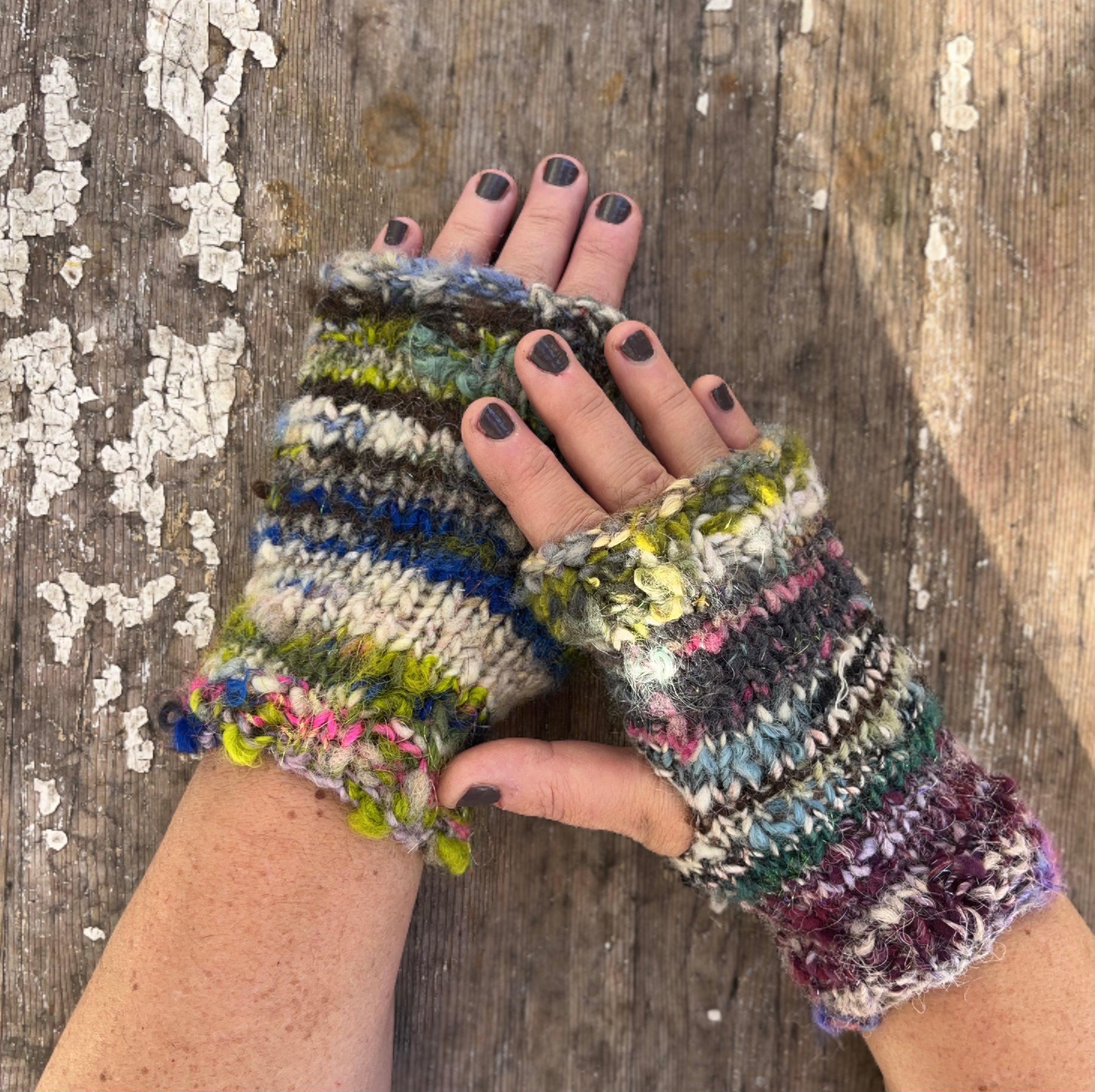 Handspun handknit wristwarmers, scrappy hippie sparkly blues, greens and purples - Image 1