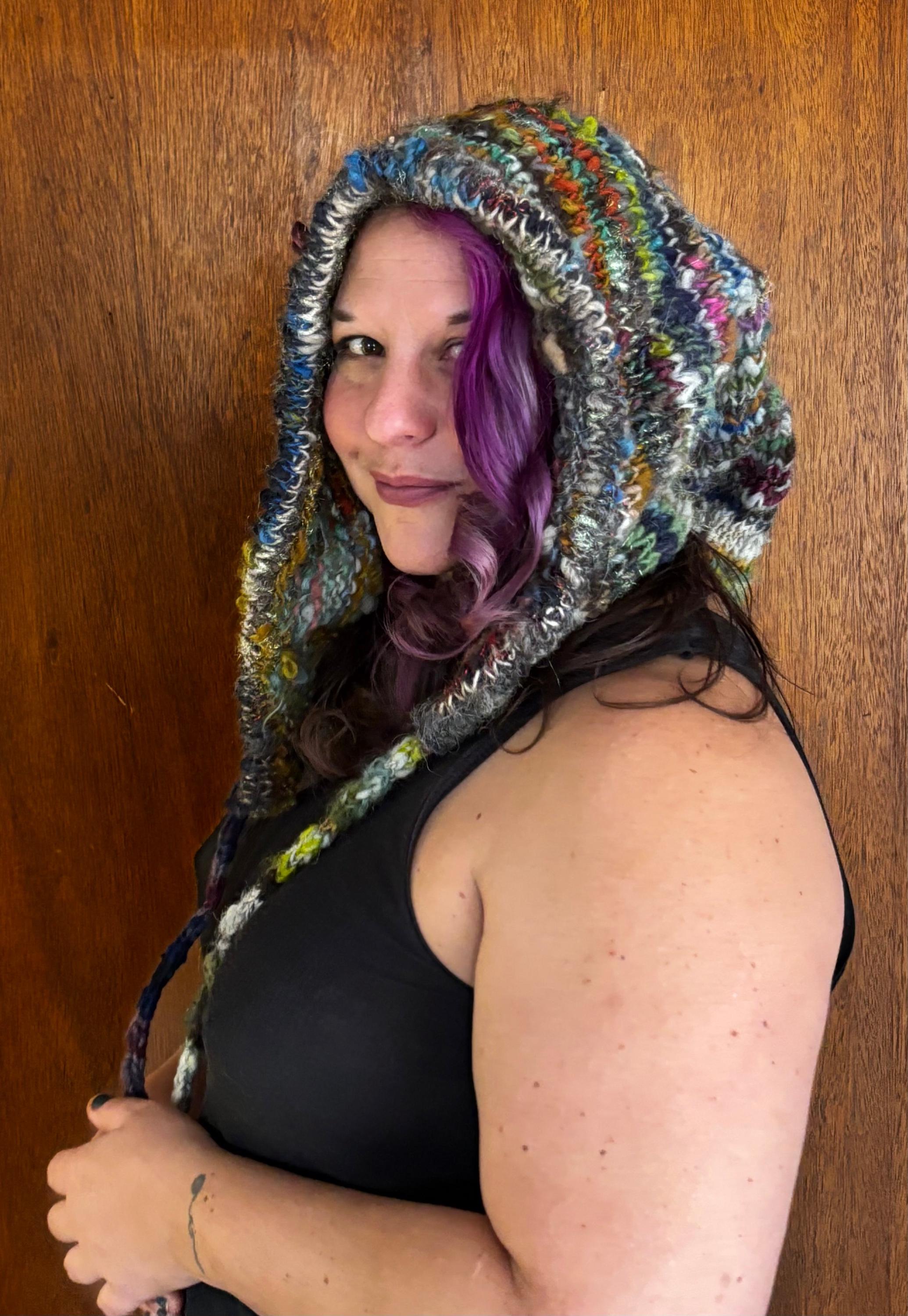 Handknit scrappy elf hood hat, handspun yarn - Thumbnail 2