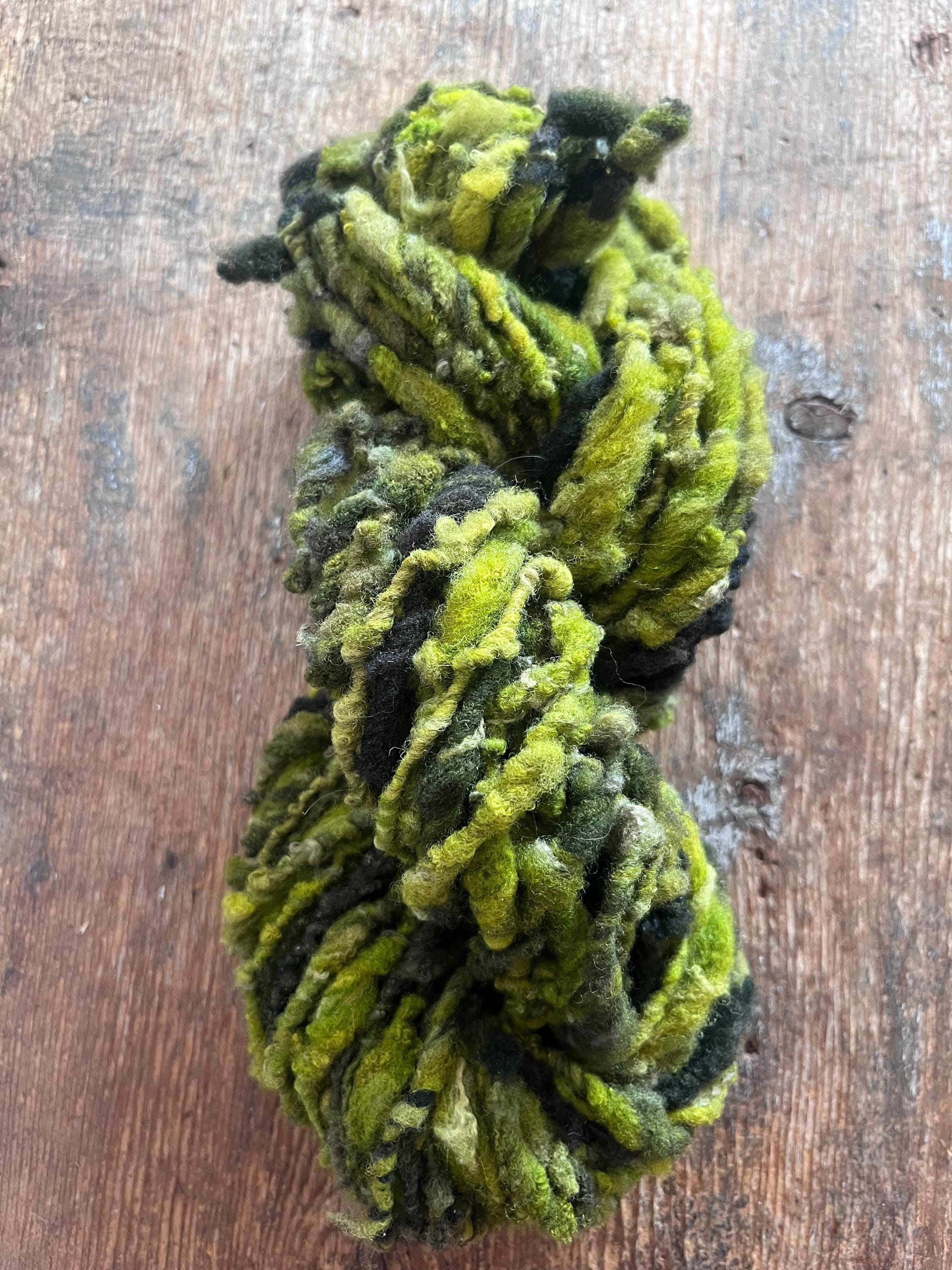 Zen - chartreuse and forest green nubbly handspun southdown wool art yarn - Thumbnail 3