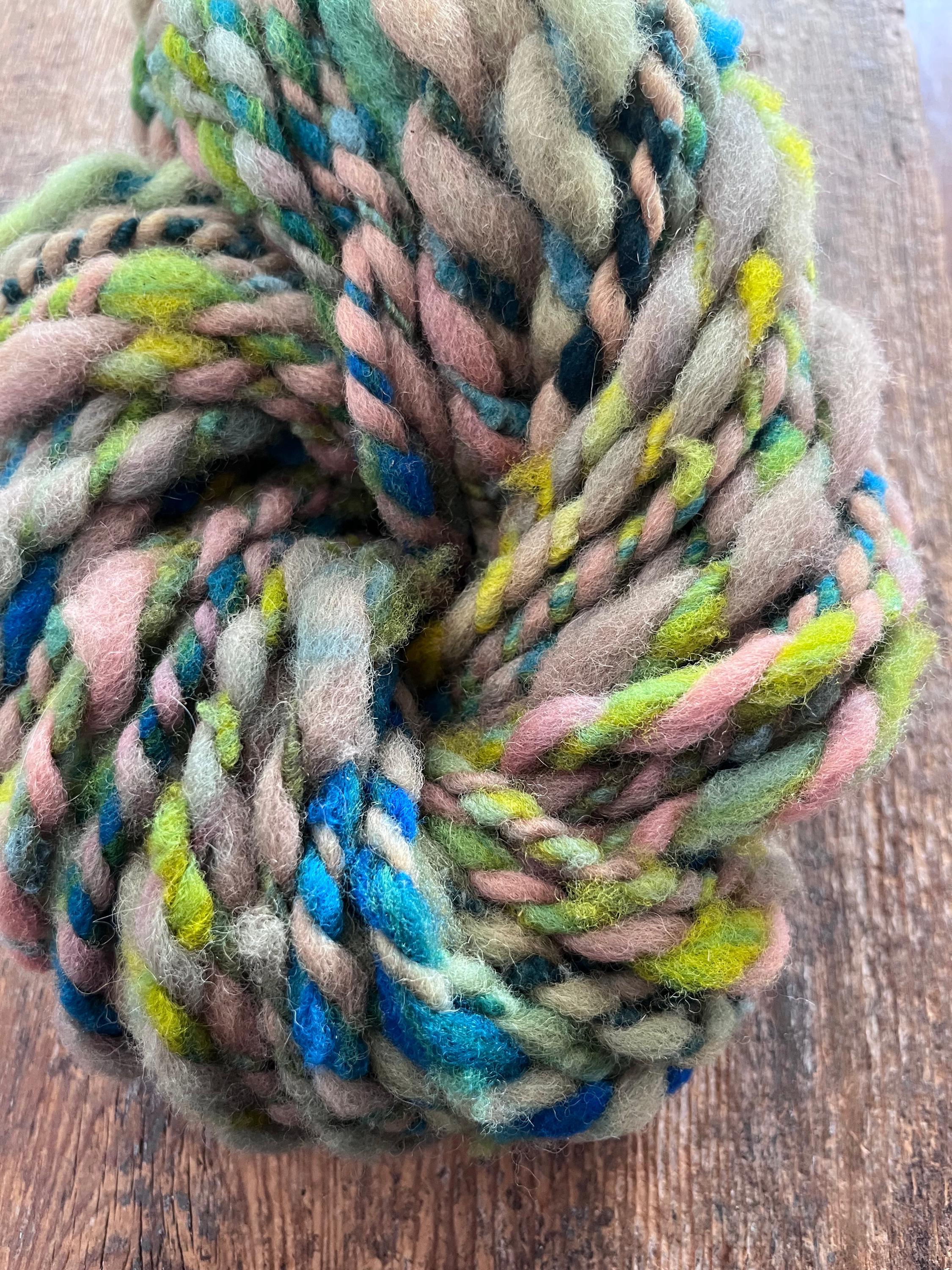 Renewal - jumbo two ply art yarn, teal, green, peach and yellow - Thumbnail 4