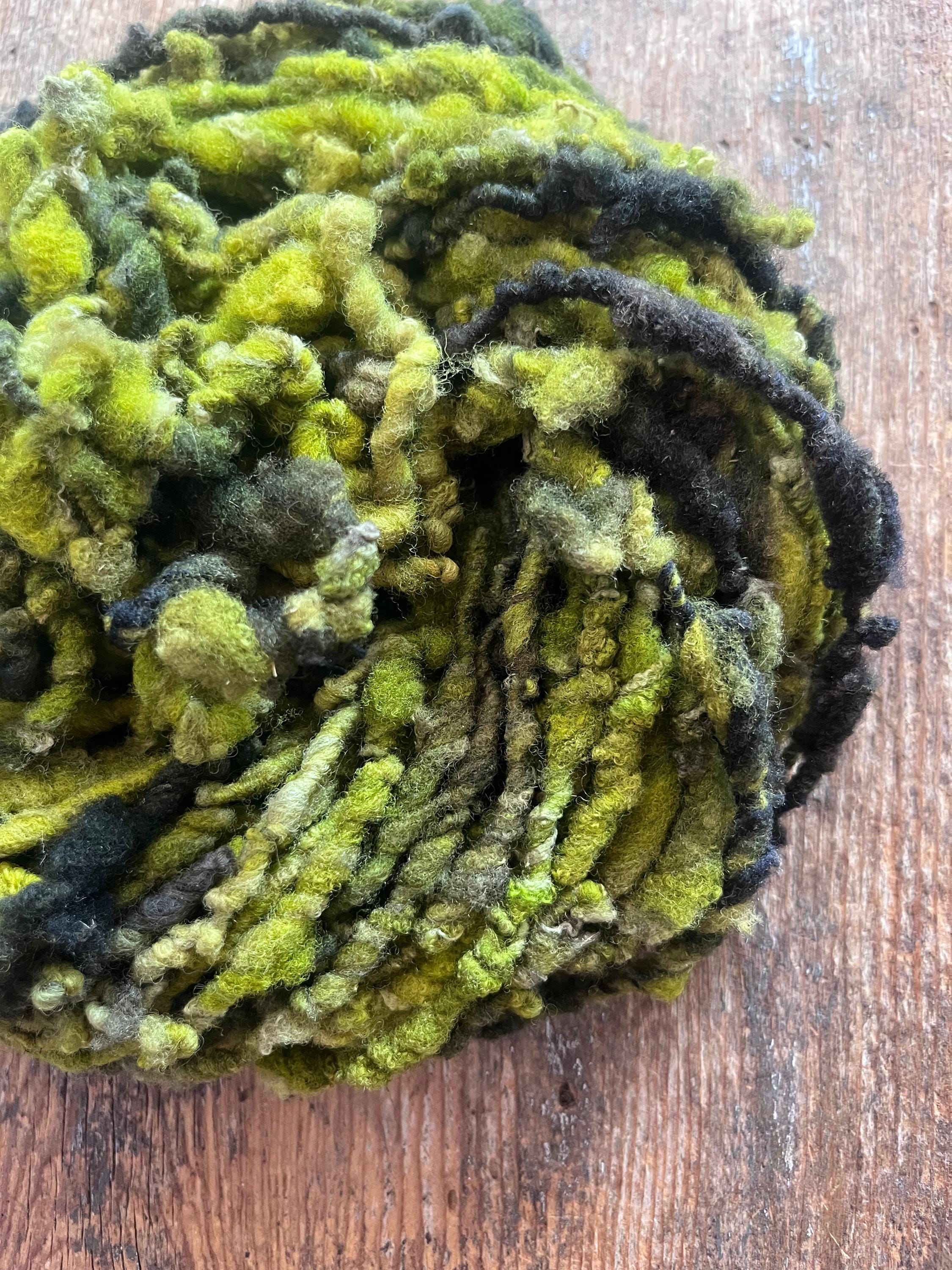 Zen - chartreuse and forest green nubbly handspun southdown wool art yarn - Thumbnail 5
