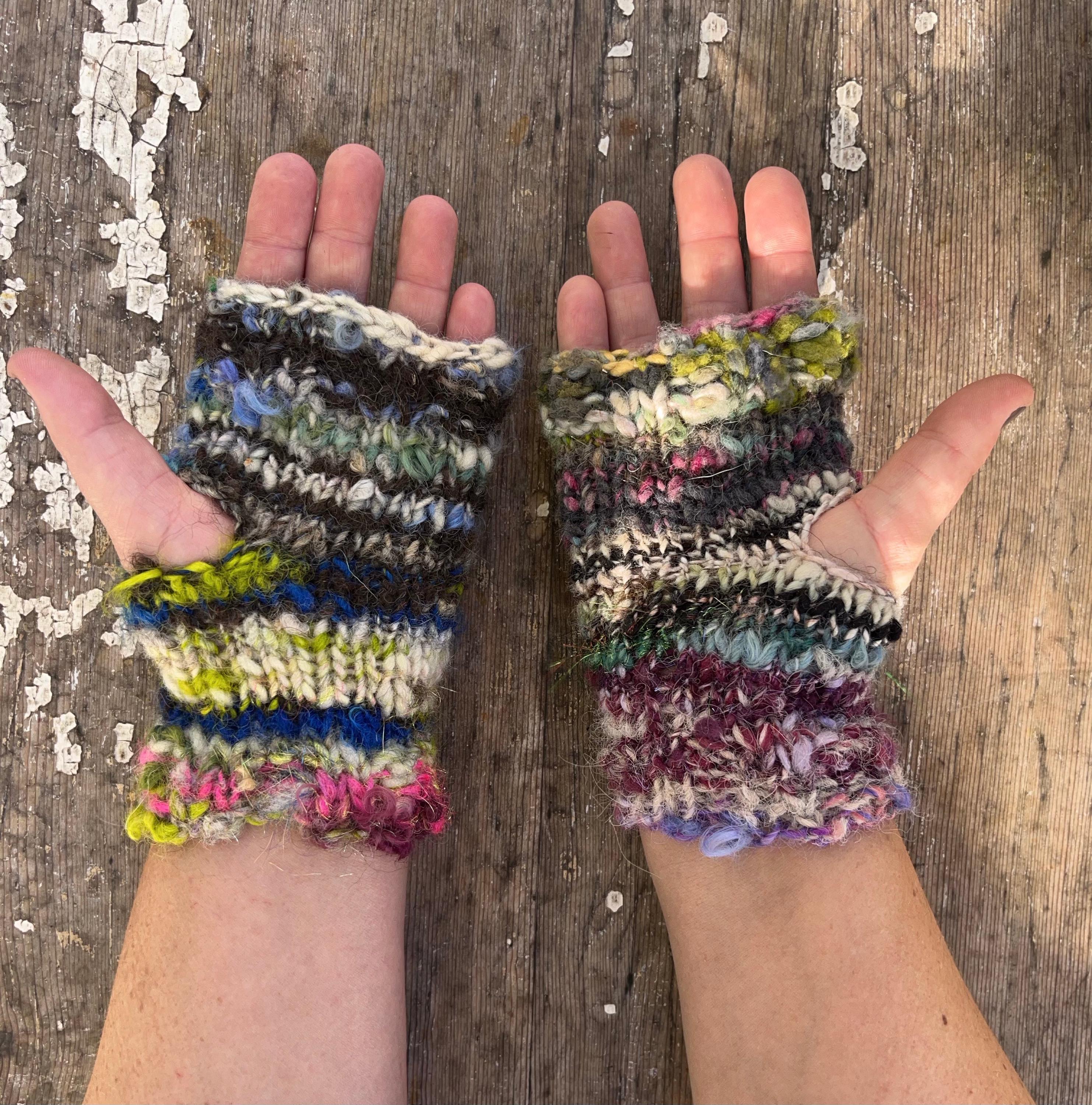 Handspun handknit wristwarmers, scrappy hippie sparkly blues, greens and purples - Thumbnail 2