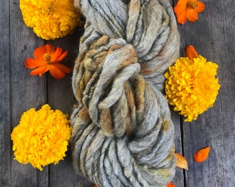 Marigold and coreopsis naturally bundle dyed handspun grey yarn, 50 yards