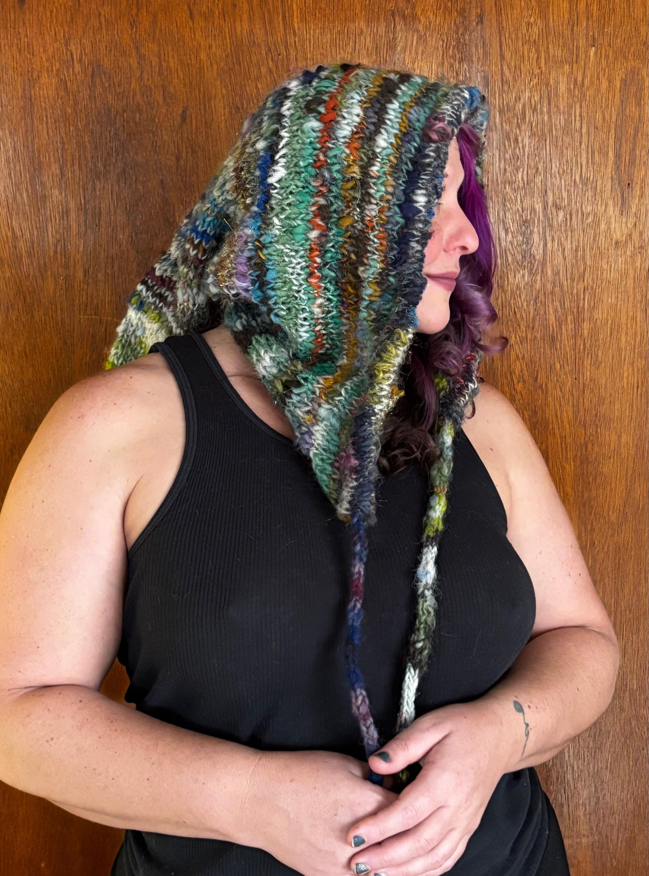 Handknit scrappy elf hood hat, handspun yarn - Thumbnail 3