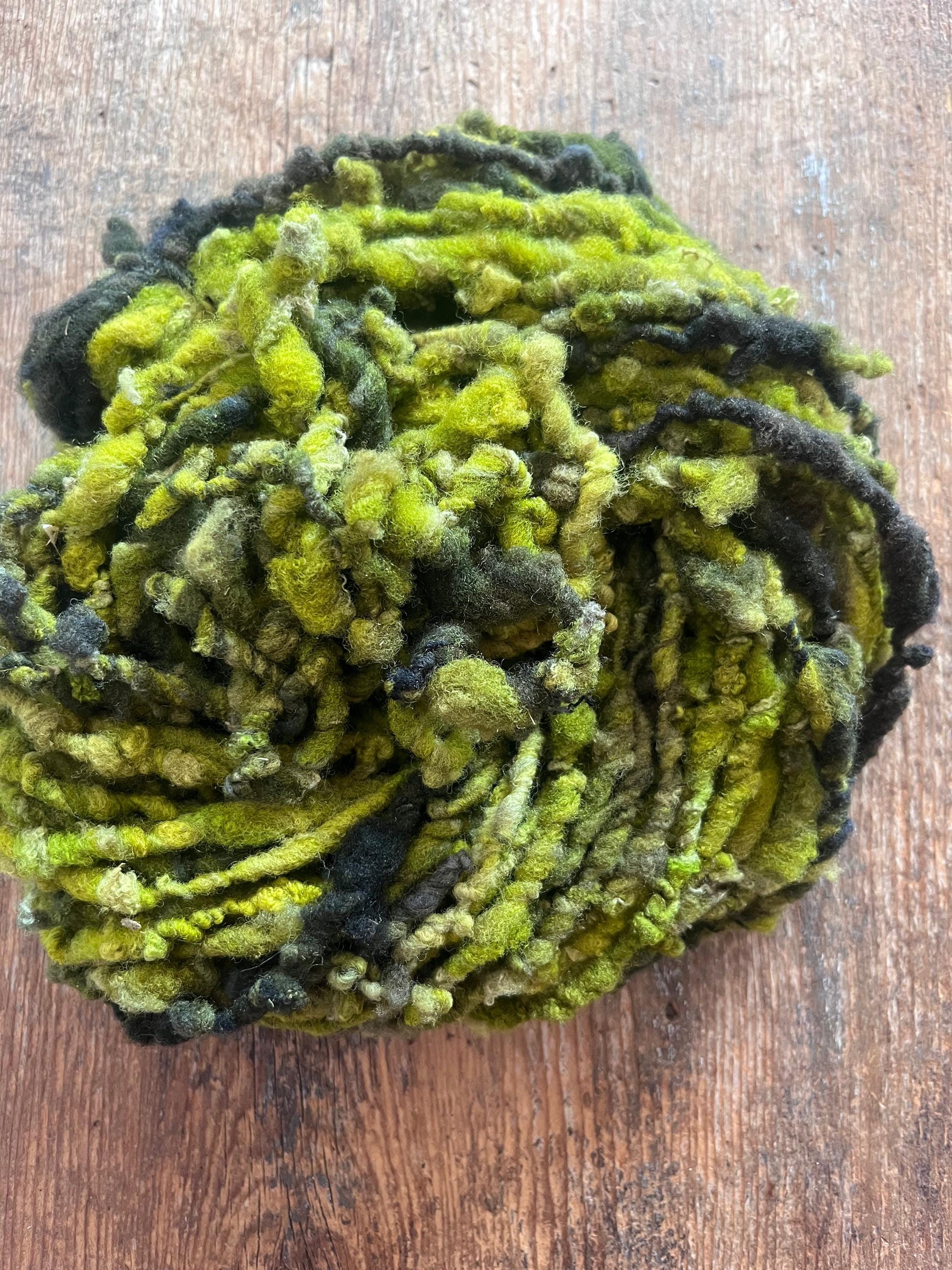 Zen - chartreuse and forest green nubbly handspun southdown wool art yarn - Thumbnail 6