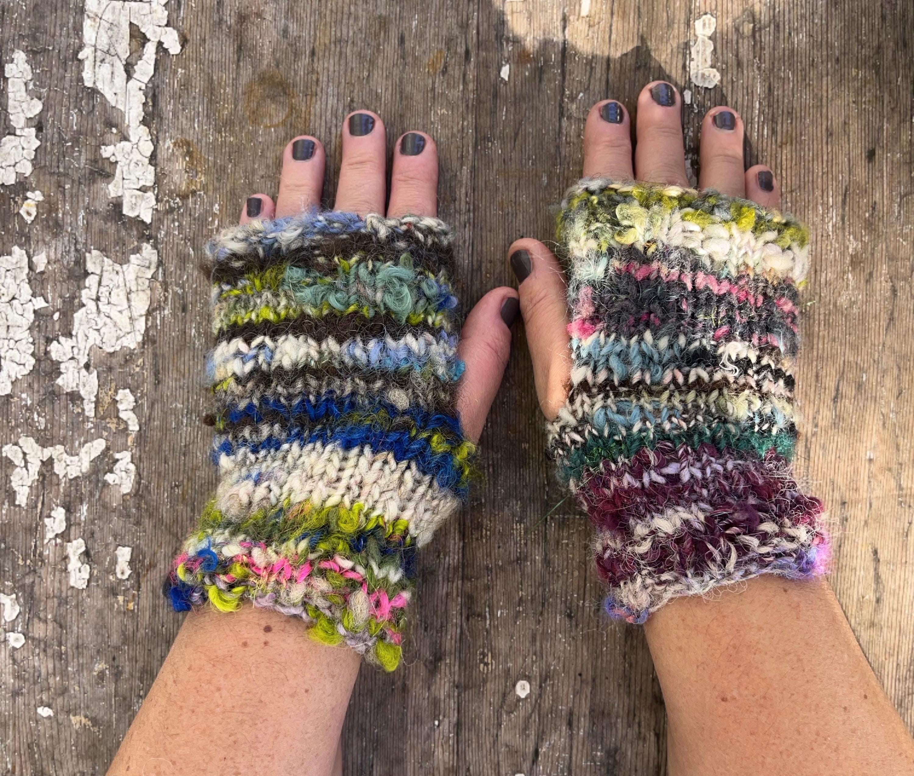 Handspun handknit wristwarmers, scrappy hippie sparkly blues, greens and purples - Thumbnail 3