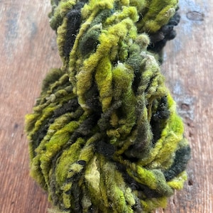 Zen - chartreuse and forest green nubbly handspun southdown wool art yarn