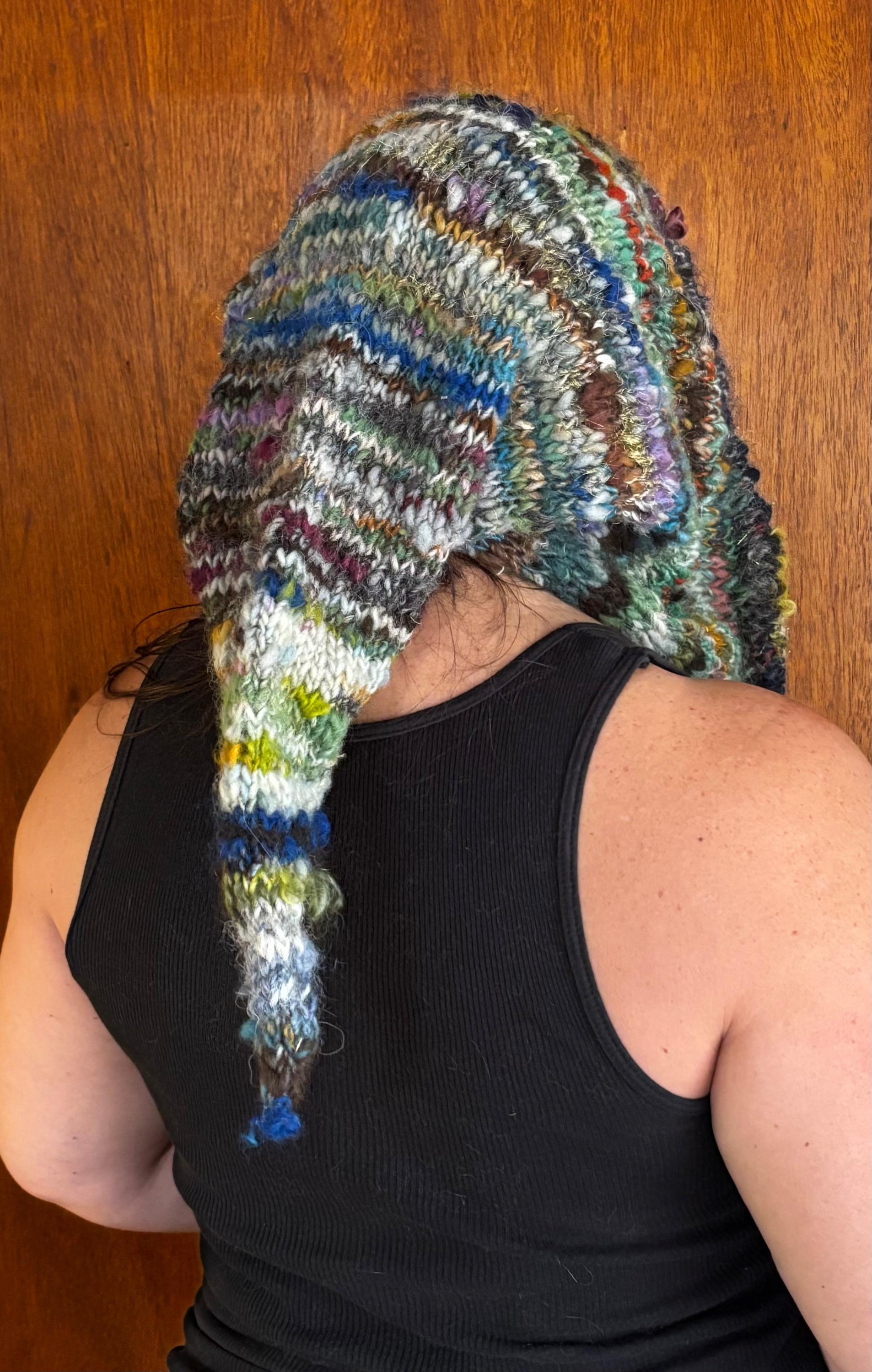Handknit scrappy elf hood hat, handspun yarn - Thumbnail 4