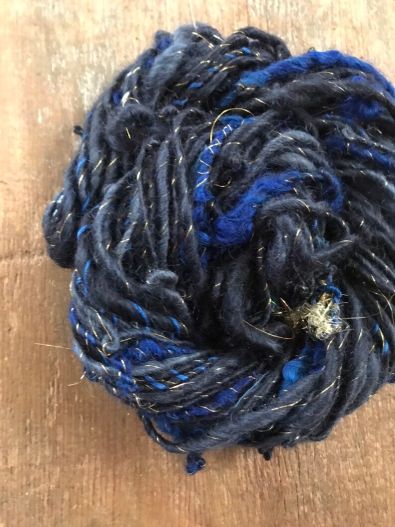 Blued Steel sparkle yarn 50 yards handspun light bulky blue yarn art yarn