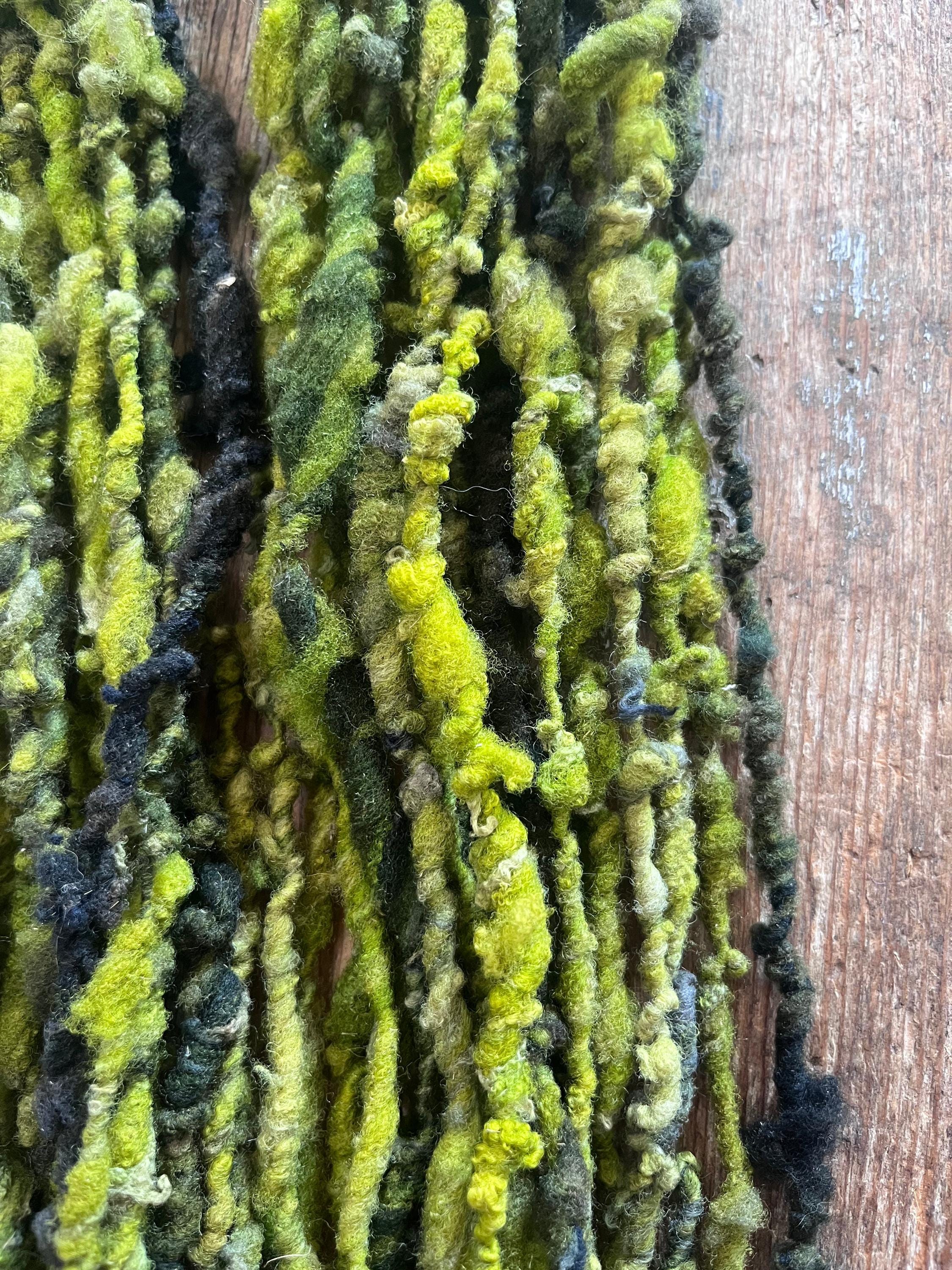 Zen - chartreuse and forest green nubbly handspun southdown wool art yarn - Thumbnail 7