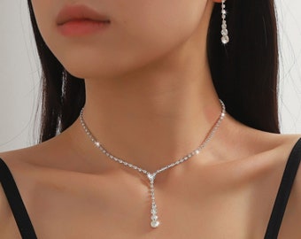 2pcs/Set Long Full Rhinestone Necklace And Earrings Set For Women's Wedding Party, Bridal Accessories