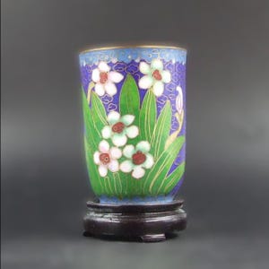 Antique Chinese Cloisonné Brush Pot – Deep Blue Ground with White Blossom & Cloud Scrolls