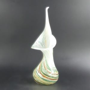 Tall abstract art glass vase with marbled colours and organic sculptural form
