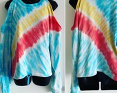 Super thin pajama soft rainbow tie dye cold shoulder cut long sleeve pullover sweatshirt drawstring bottom size extra large L XL XXL