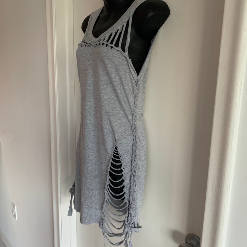 cut up gray backless destroyed woven crochet upcycled repurposed t shirt micro mini dress cover up one size fits most