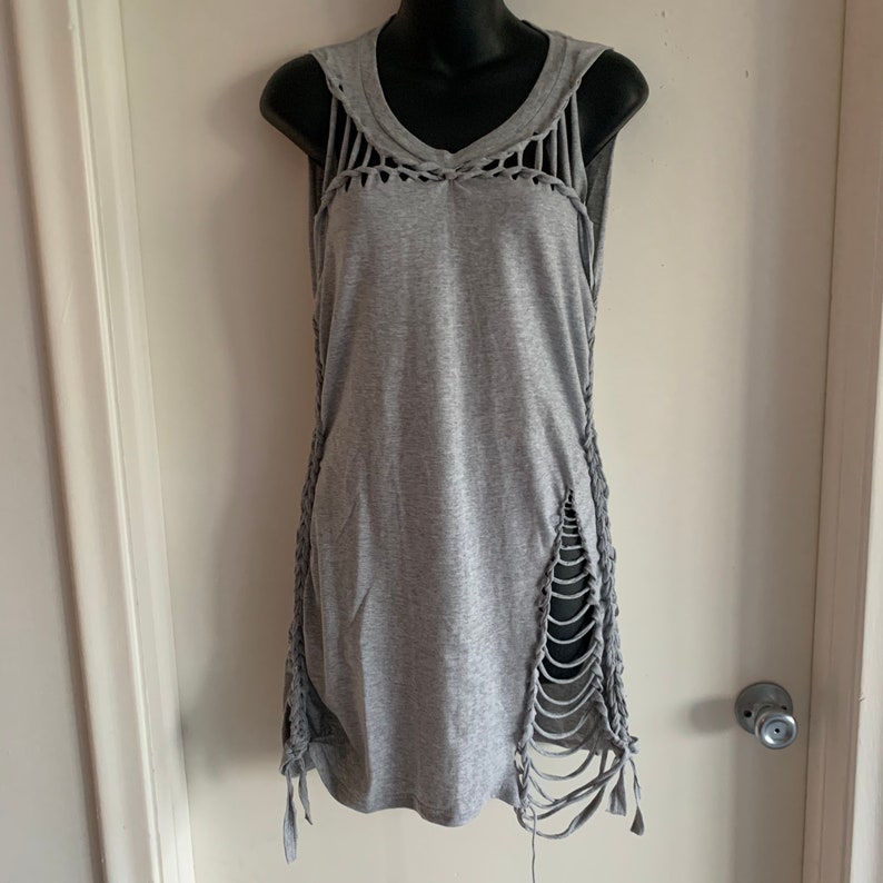 cut up gray backless destroyed woven crochet upcycled repurposed t shirt micro mini dress cover up one size fits most