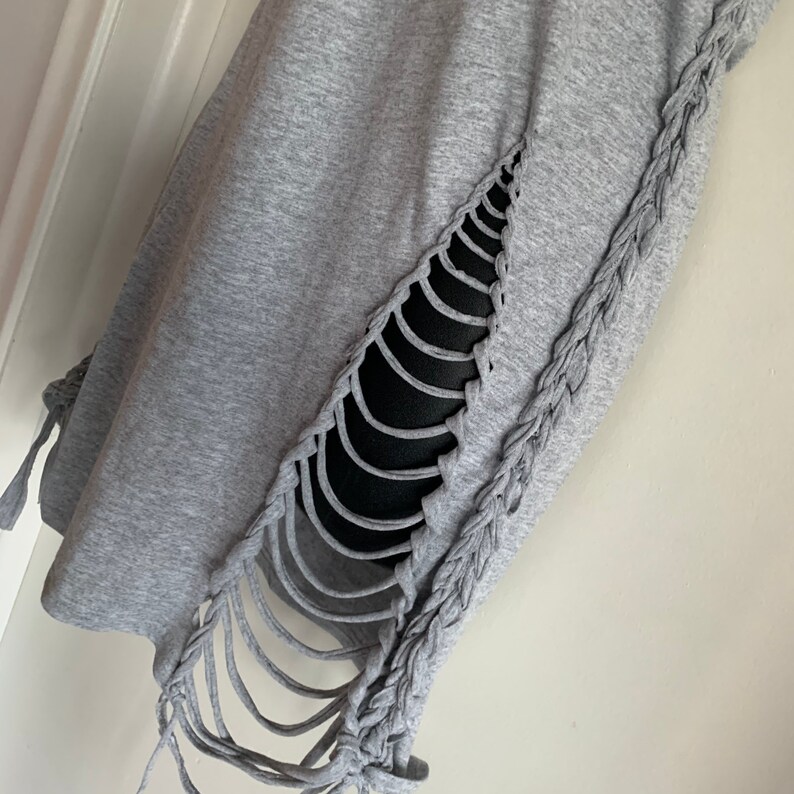 cut up gray backless destroyed woven crochet upcycled repurposed t shirt micro mini dress cover up one size fits most