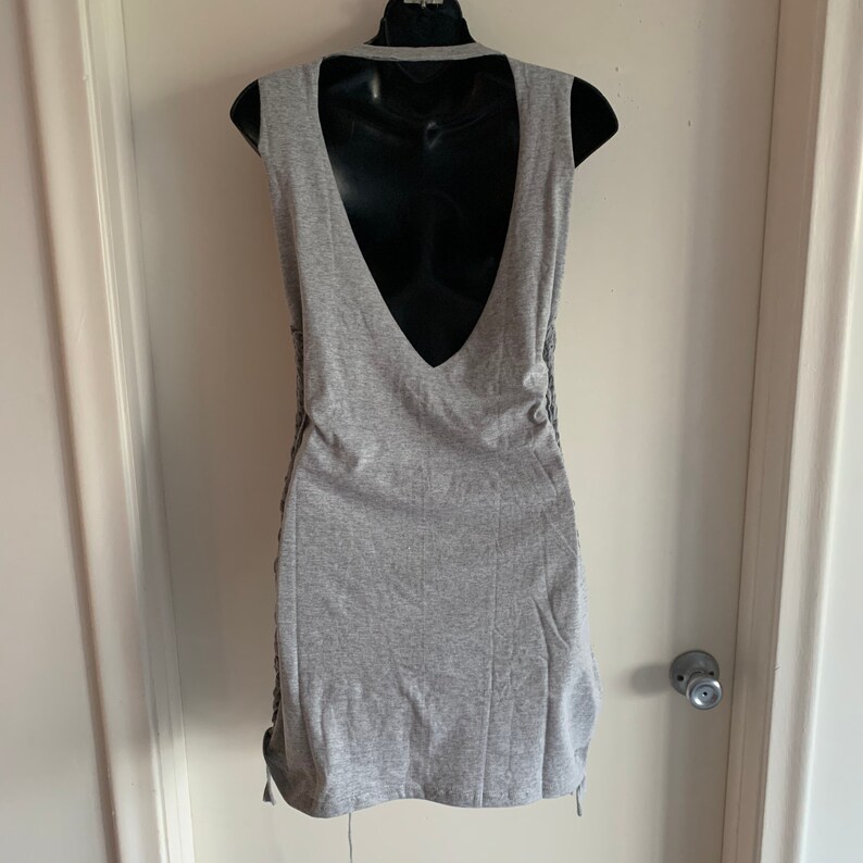 cut up gray backless destroyed woven crochet upcycled repurposed t shirt micro mini dress cover up one size fits most