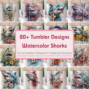 Watercolor Sharks, 20+ Designs, Tumbler Design Bundle, 20oz Skinny Tumbler Sublimation Designs, Tumbler PNG, Tumbler Wrap