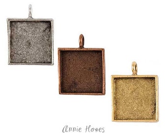 Photo Jewelry Square Pendant Tray Glass Setting. 24mm Antique Silver, Antique Gold, or Antique Copper Square Bezel Pendant Setting. LPS.