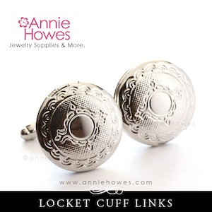May include: Silver locket cuff links with a detailed engraved design. The cuff links are round and have a small circle in the center. The text "LOCKET CUFF LINKS" is printed below the cuff links.
