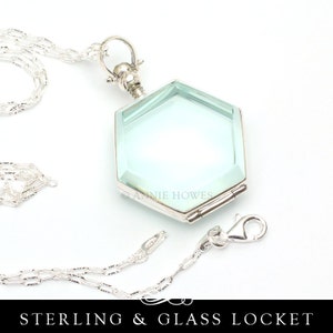 Sterling Silver Glass Locket Hexagon Pendant. Wedding Bouquet Charm. Photo locket.