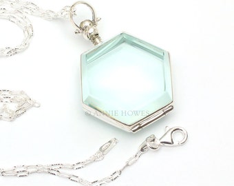 Sterling Silver Glass Locket Hexagon Pendant. Wedding Bouquet Charm. Photo locket.