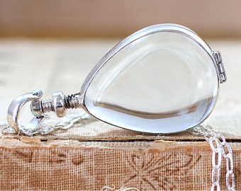 Sterling Silver  Glass Locket Pendant. Wedding Bouquet Charm. Tear Drop Shape. 28 x 21mm Photo locket.