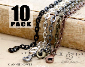 Link Chains with Lobster Clasp, 24 Inch, Vintage Copper, Gold, Black, Silver - 10 Pack