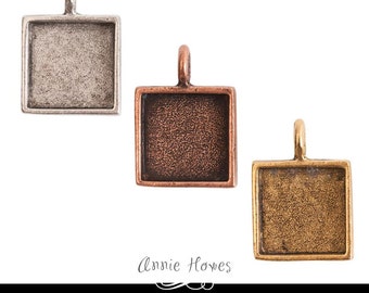 16mm Square Bezel Pendant Tray. Choose you color. Antique Gold, Antique Silver, Antique Copper plating